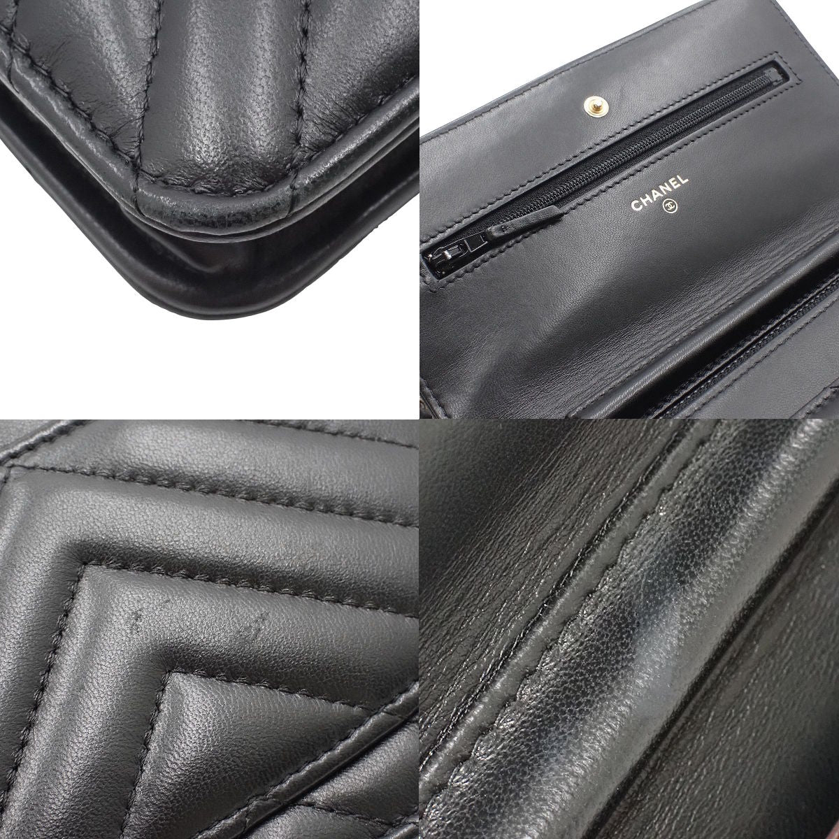 Vステッチ ココマーク ロング チェーンウォレット ラムスキン ブラック