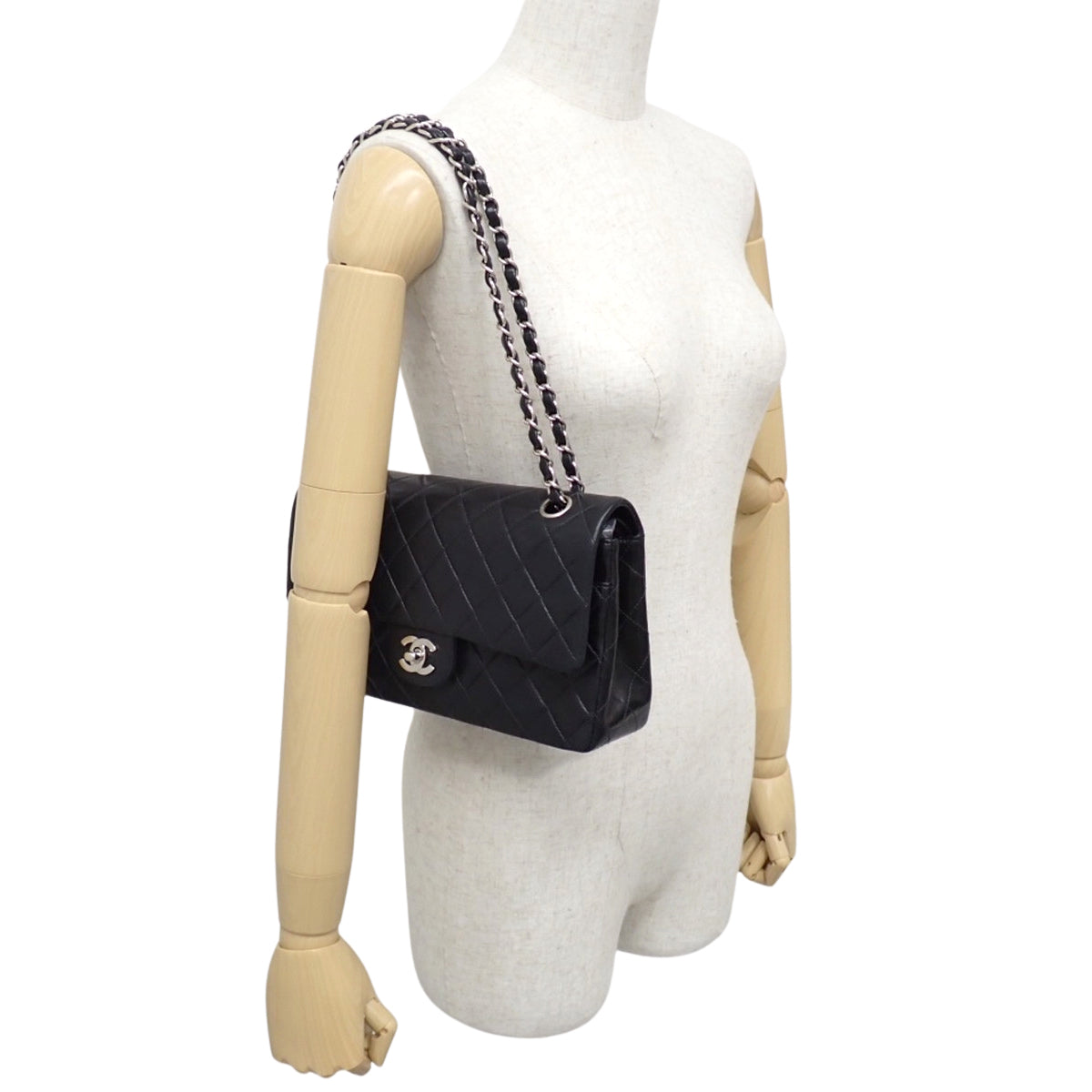 Coco Mark W Flap 25 Chain Shoulder Bag Lambskin Black A01112