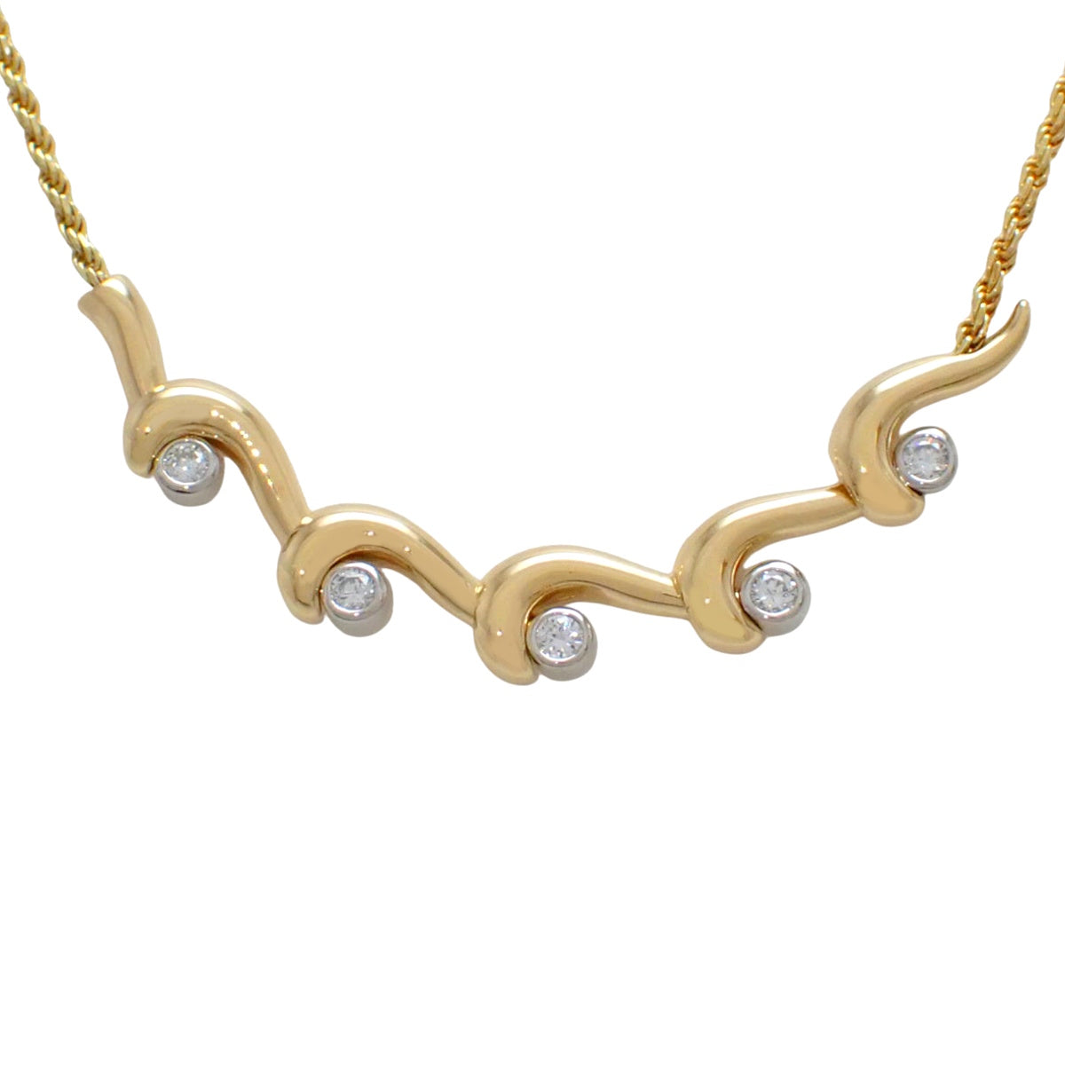 Wave Motif Diamond Necklace D0.21 Yellow Gold K18YG Platinum Pt850 7.7g