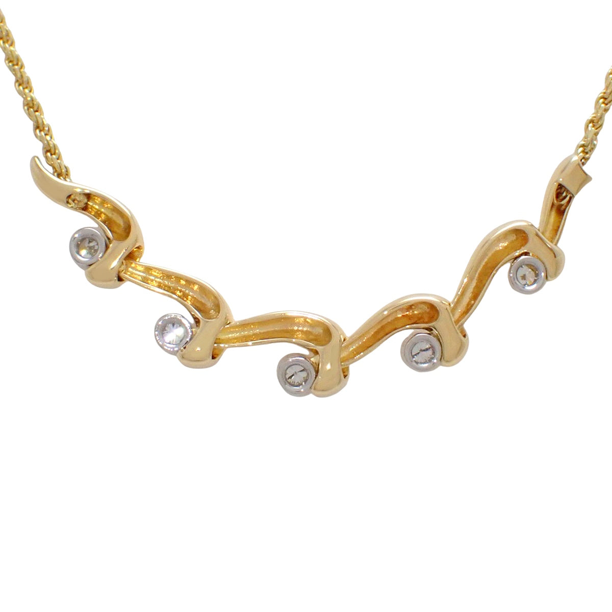 Wave Motif Diamond Necklace D0.21 Yellow Gold K18YG Platinum Pt850 7.7g