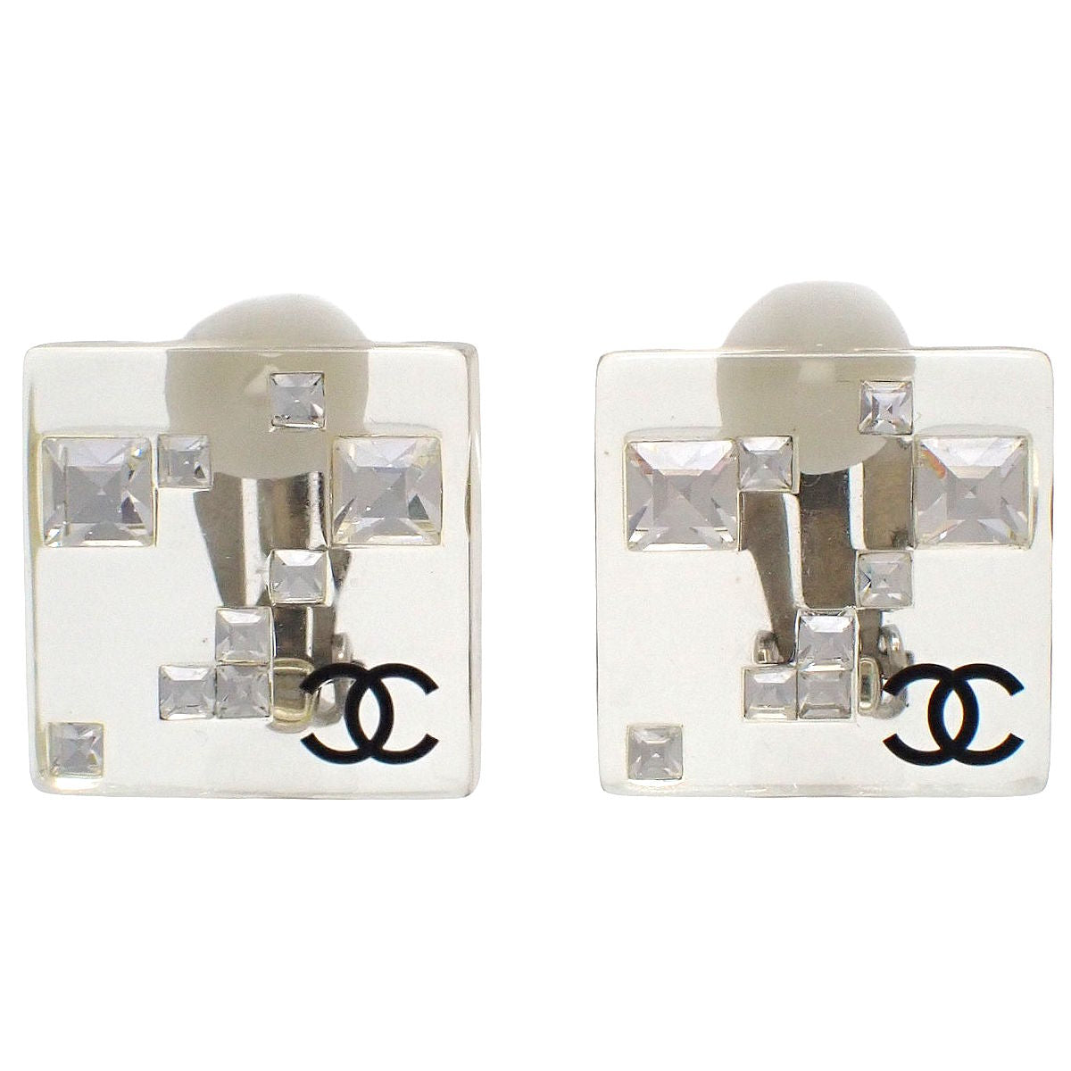 Coco Mark Rhinestone Clear Earrings Metal Plastic