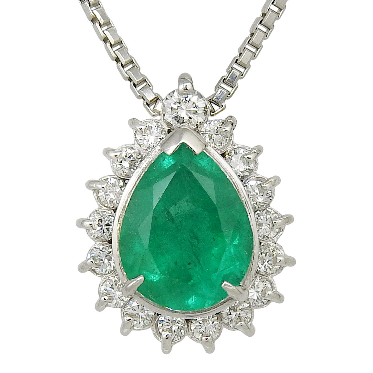 Emerald and Diamond Teardrop Necklace, E1.12/D0.25, Platinum Pt850, 6.2g