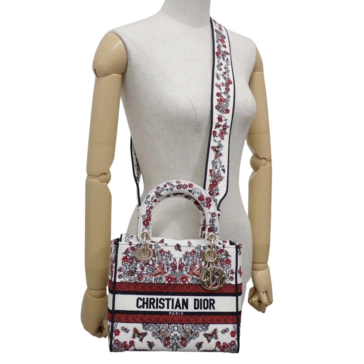 Lady Dior D-Lite Medium Canvas in White and Red