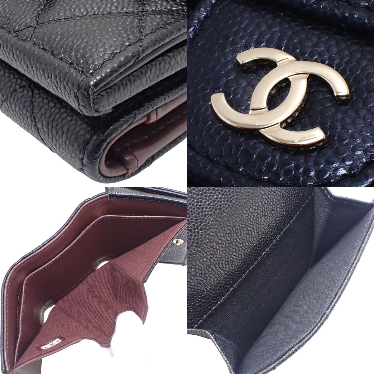 マトラッセ ココマーク 三つ折り財布 キャビアスキン ブラック A84401