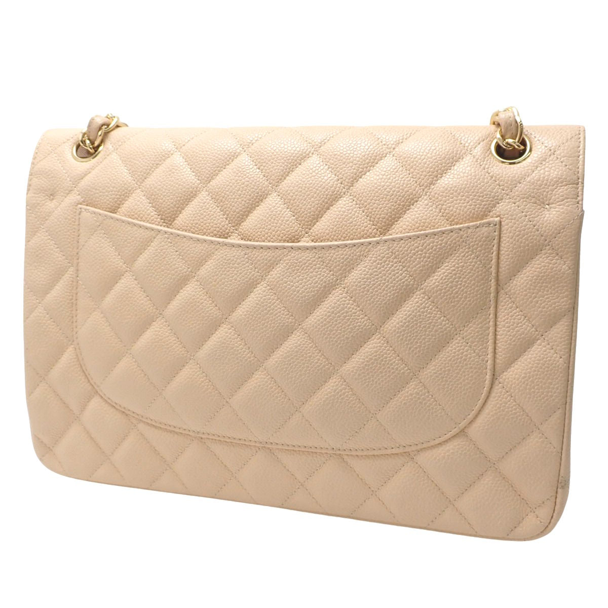 Matelasse Coco Mark Double Flap Chain Shoulder Bag in Beige Caviar Skin