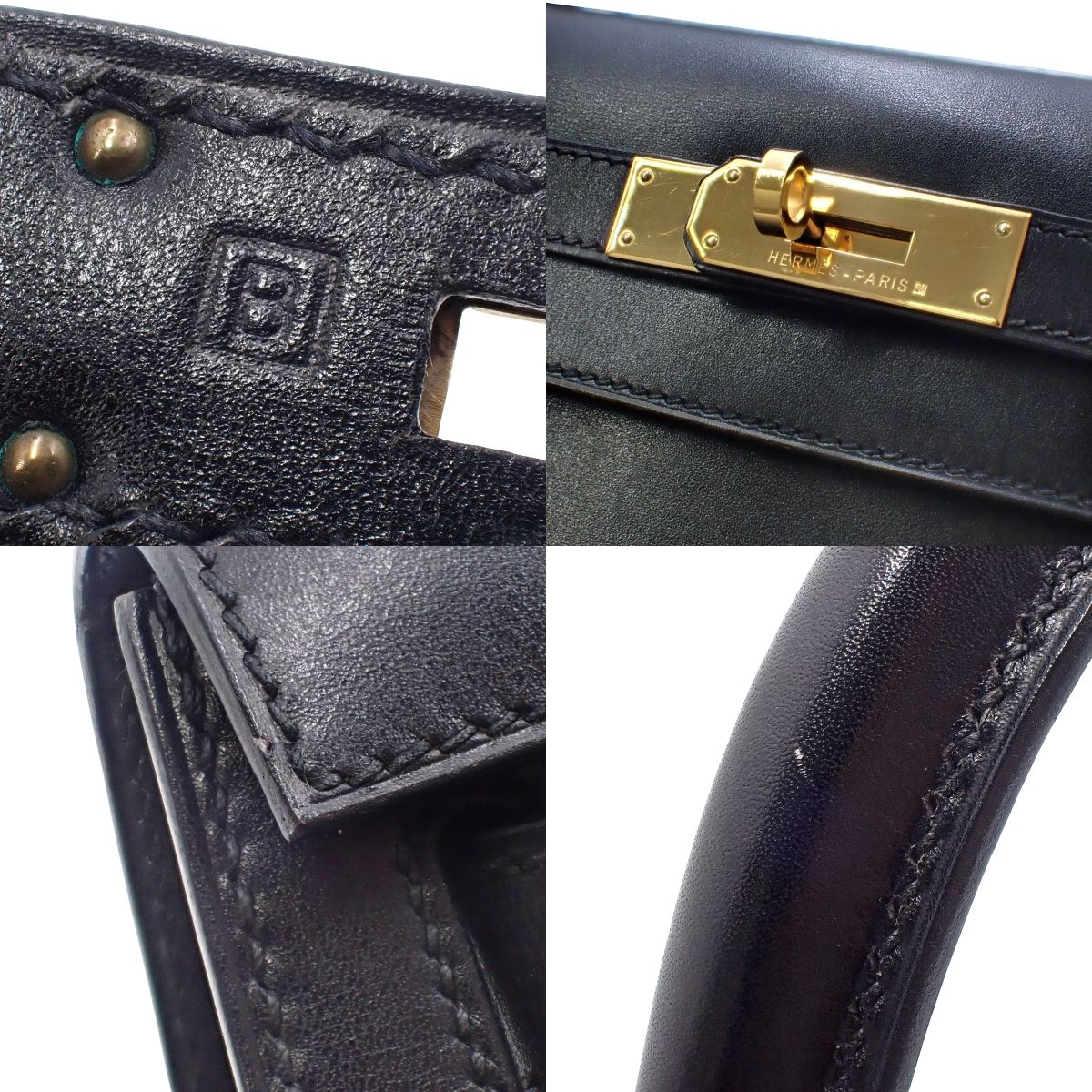 Kelly 28 (Outer Stitch) Box Calf Leather, Black, Gold Hardware, B Stamp
