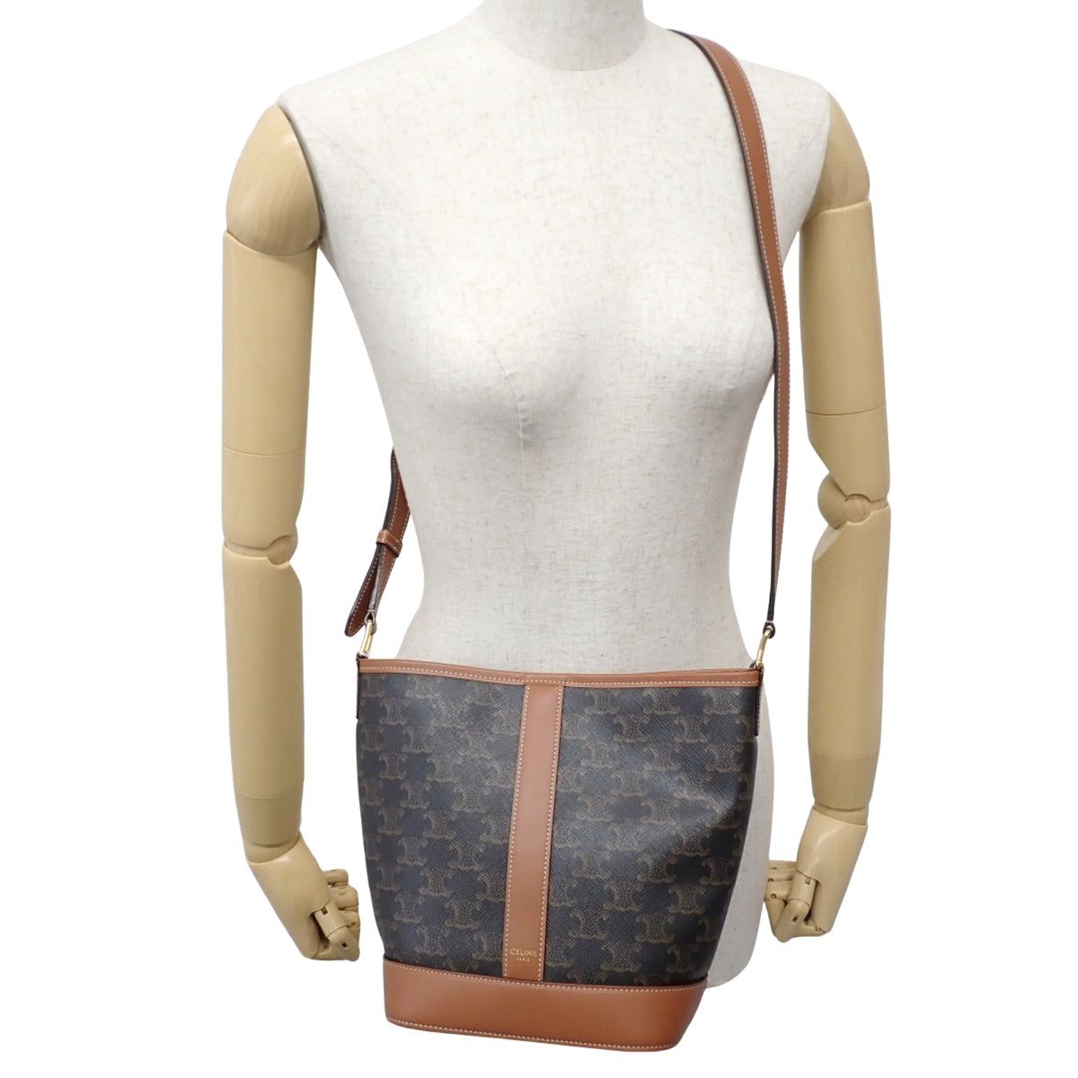 Small Bucket Bag in Calfskin and Triomphe Canvas, Tan, 191442CAS.04LU