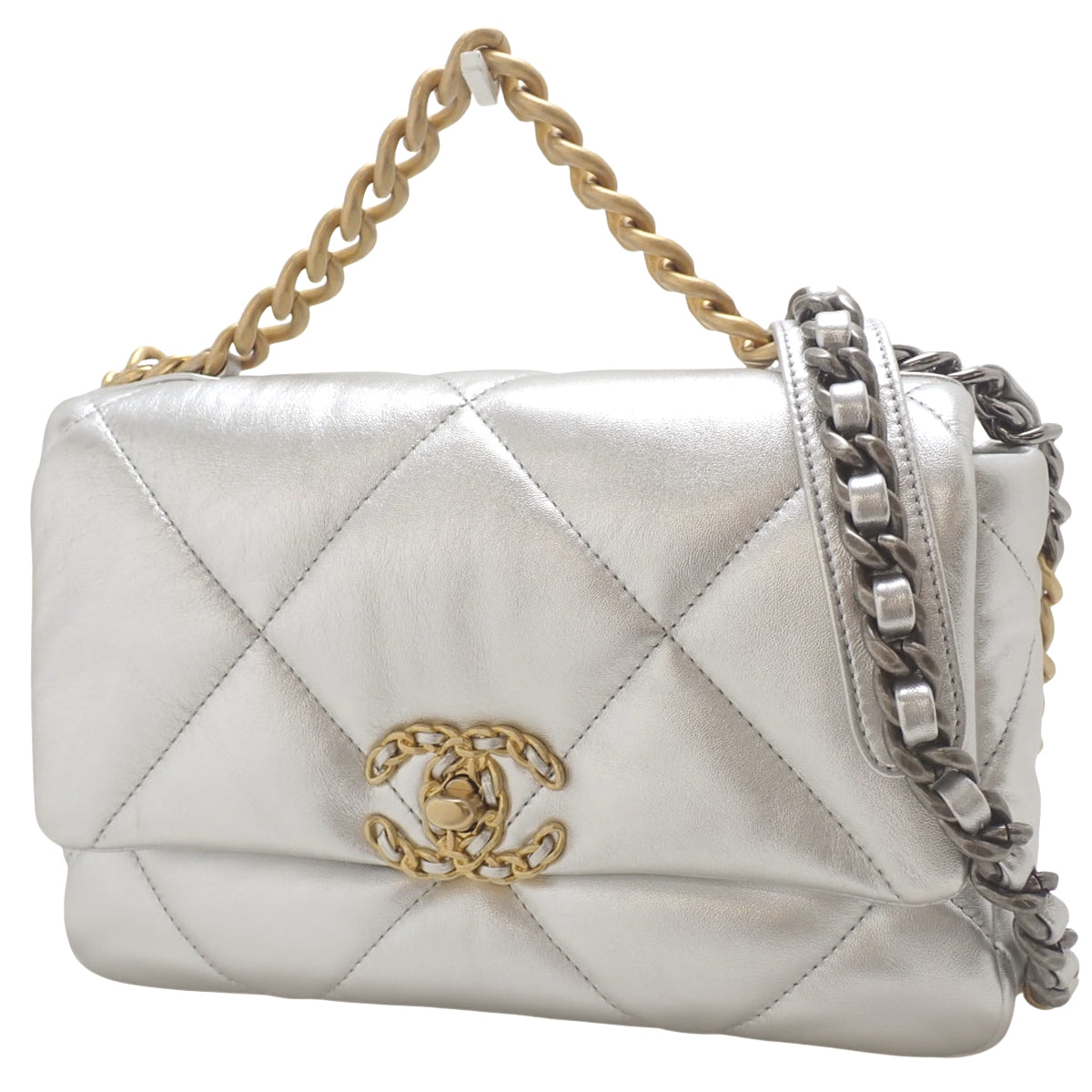 香奈儿 19 Coco Mark 银色小羊皮链条肩背包 AS1160