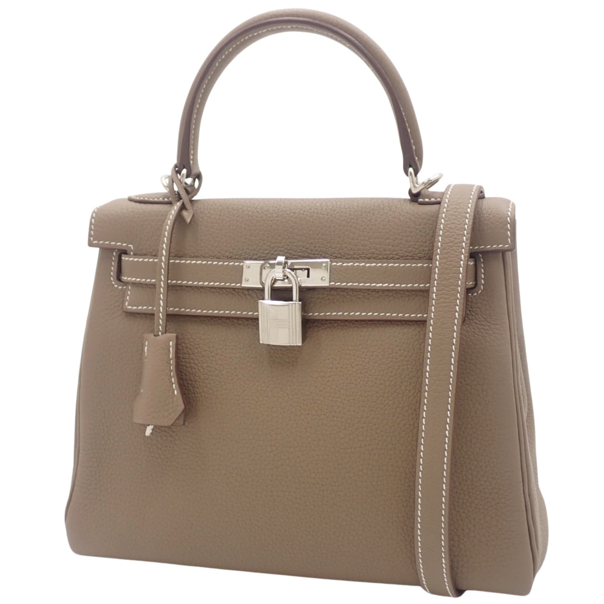 Kelly 25 (inner stitching) Taurillon Clemence leather, palladium hardware, Etoupe/Etoupe, B stamp