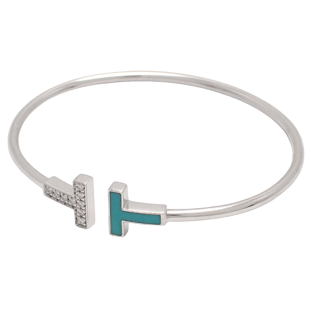 T-wire bracelet with diamonds and turquoise in 18K white gold and 8.0g