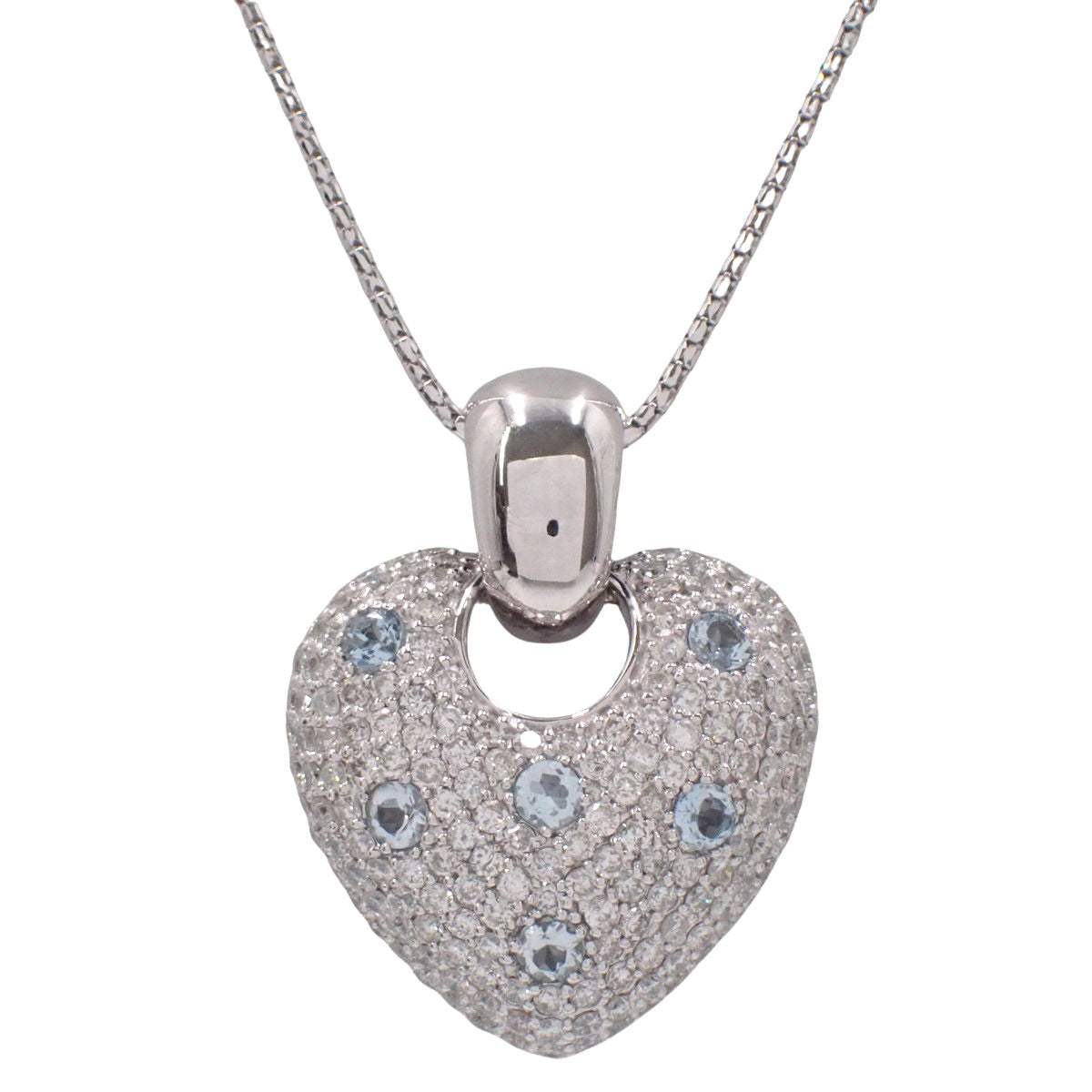 Heart Motif Aquamarine Diamond Necklace AQ0.61/D2.84 K18WG 19.0g