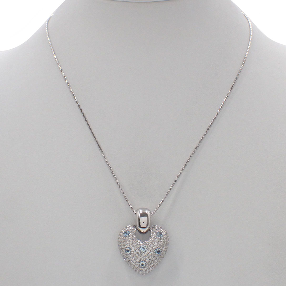 ハートモチーフ アクアマリン ダイヤモンド ネックレス AQ0.61/D2.84 K18WG 19.0g