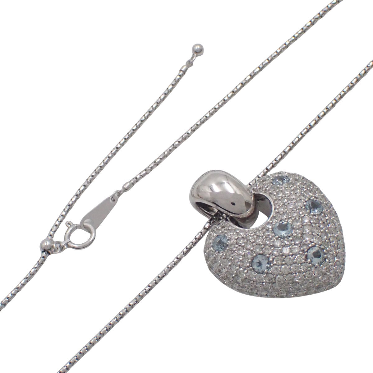 ハートモチーフ アクアマリン ダイヤモンド ネックレス AQ0.61/D2.84 K18WG 19.0g