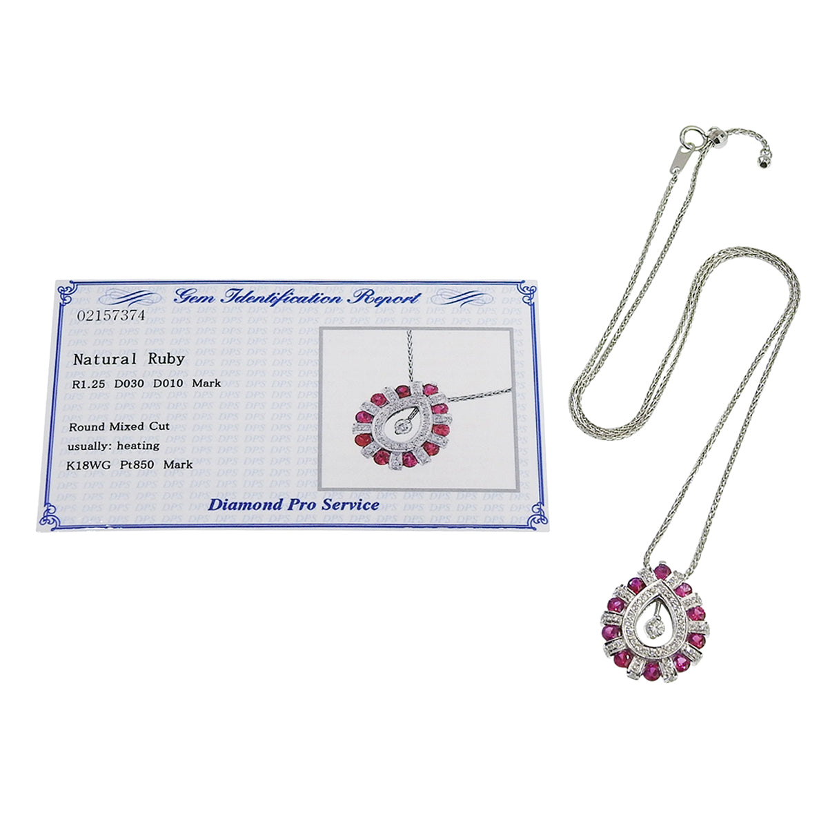 Ruby and diamond necklace, R1.25/D0.30,1.10, platinum (Pt850) and white gold (K18WG), 11.1g