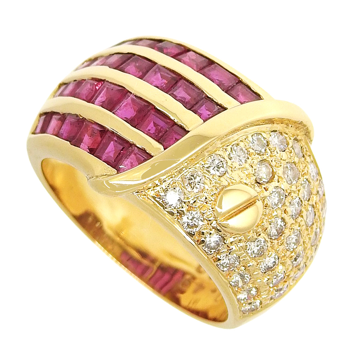 Pavé diamond and four-row ruby ring, R2.19/D0.49, 18K yellow gold, 9.0g