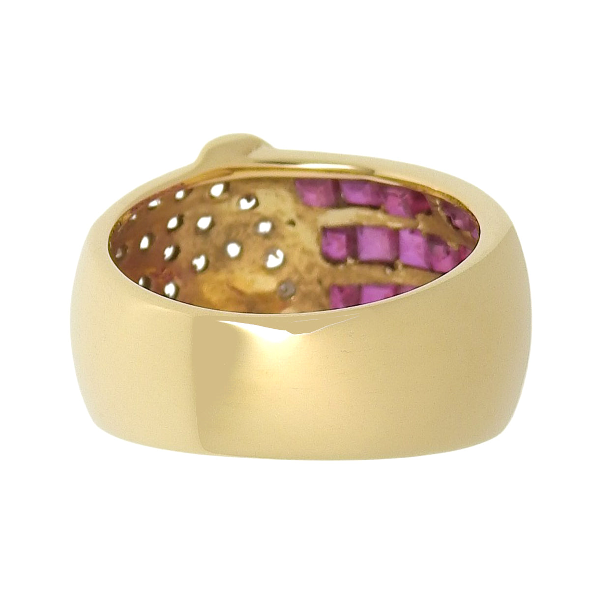 Pavé diamond and four-row ruby ring, R2.19/D0.49, 18K yellow gold, 9.0g