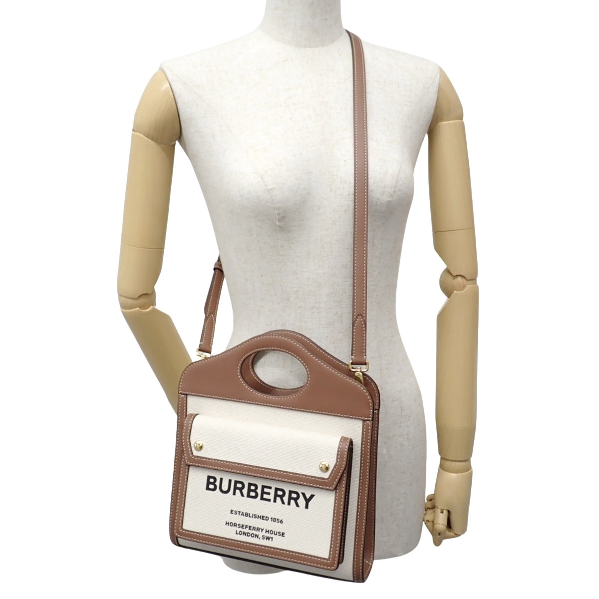 Mini Pocket Bag, Cotton Canvas and Leather, Natural/Malt Brown, 80393611