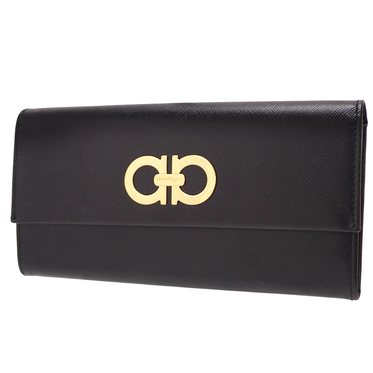 Gancini Bifold Long Wallet, Leather, Black, 227121