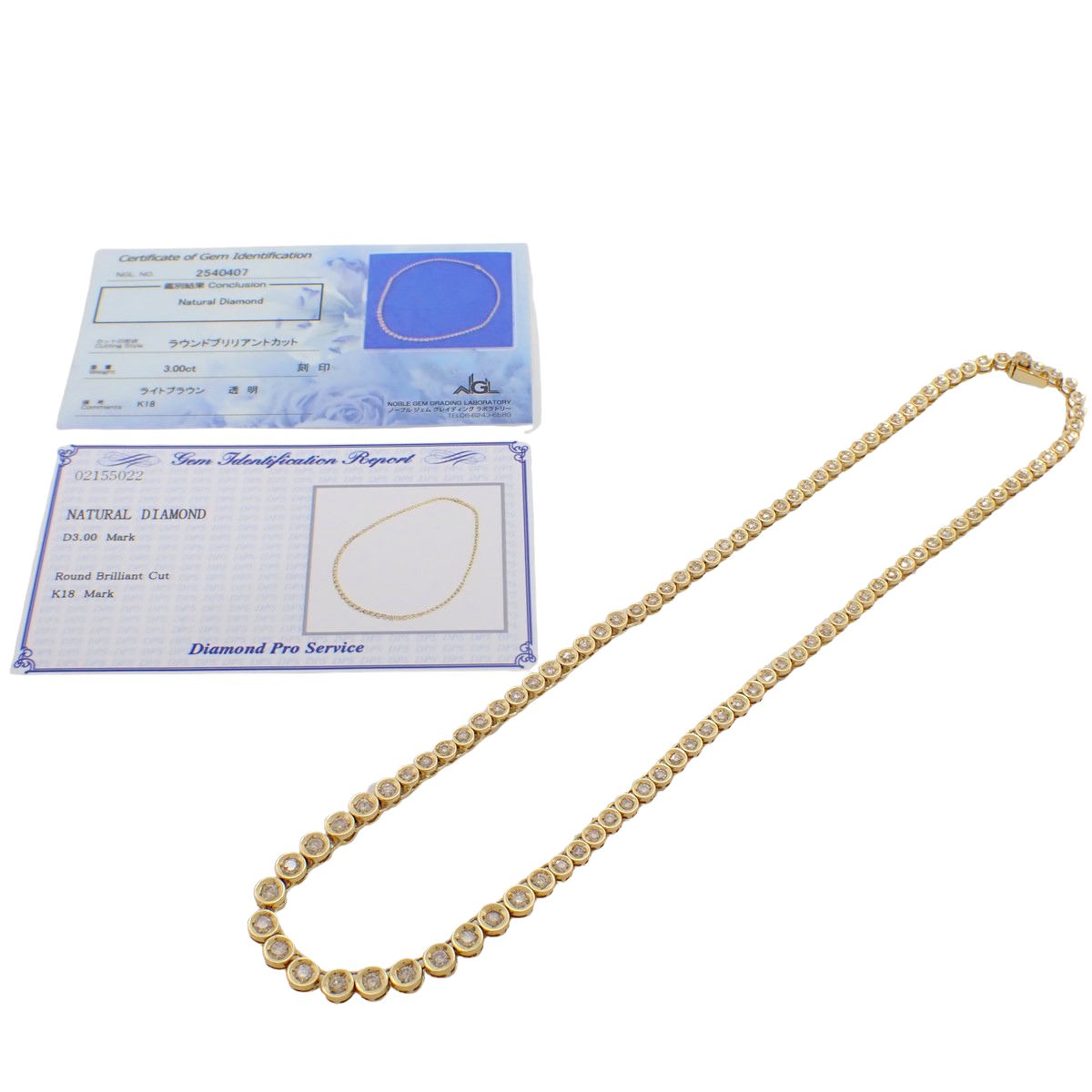 Tennis diamond necklace D3.00 Yellow gold K18YG 22.5g