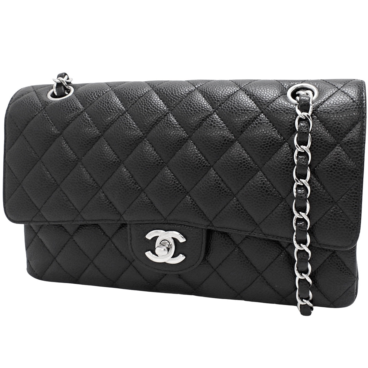 マトラッセ ココマーク Wフラップ25 チェーンショルダーバッグ キャビアスキン ブラック