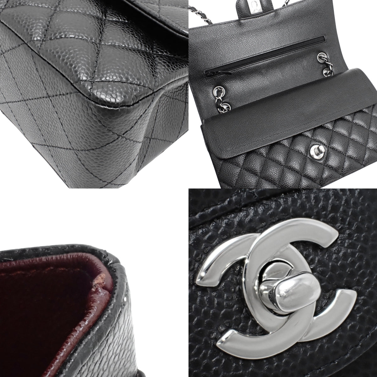 Matelasse Coco Mark W Flap 25 Chain Shoulder Bag, Caviar Skin, Black