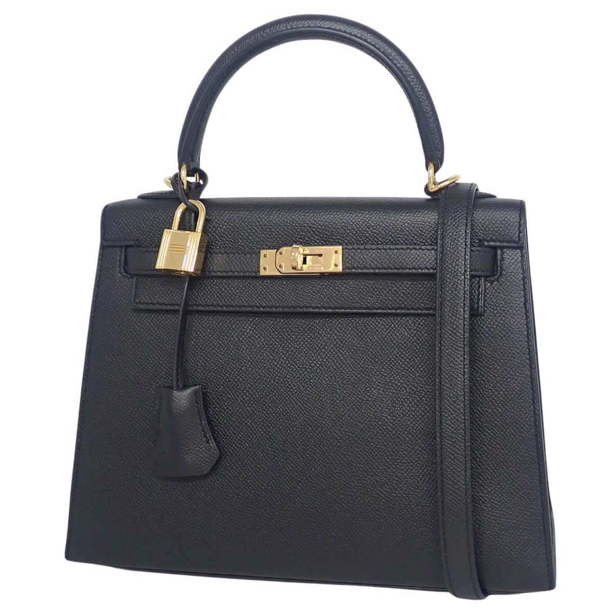 Kelly 25 (Exterior Stitched) Epsom Calfskin Leather, Black, Gold Hardware, X Stamp