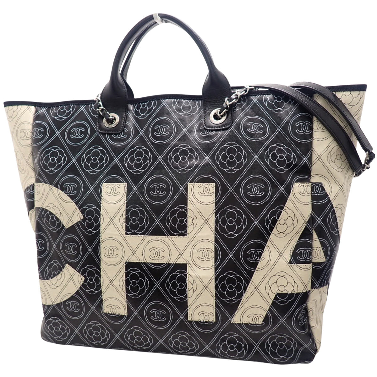 Coco Mark Camellia Tote Bag, PVC Leather, Black and White, A57161