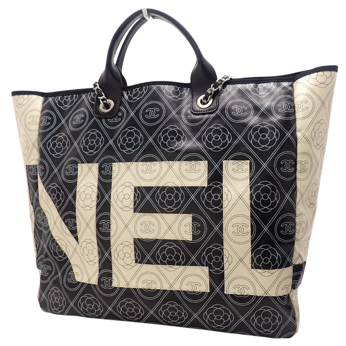 Coco Mark Camellia Tote Bag, PVC Leather, Black and White, A57161