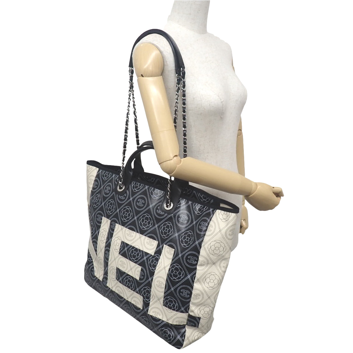 Coco Mark Camellia Tote Bag, PVC Leather, Black and White, A57161