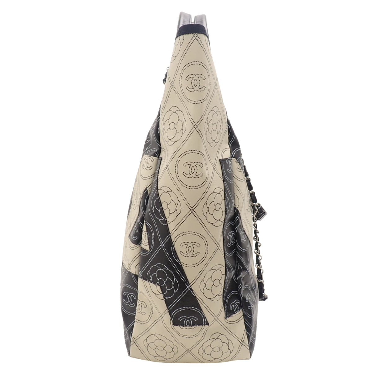 Coco Mark Camellia Tote Bag, PVC Leather, Black and White, A57161
