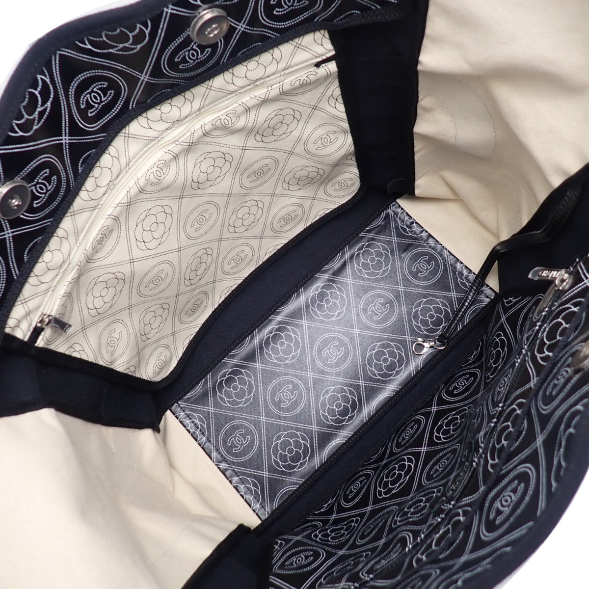 Coco Mark Camellia Tote Bag, PVC Leather, Black and White, A57161