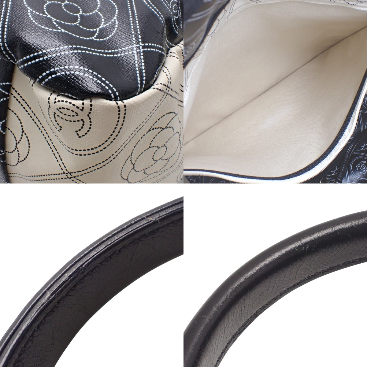 Coco Mark Camellia Tote Bag, PVC Leather, Black and White, A57161