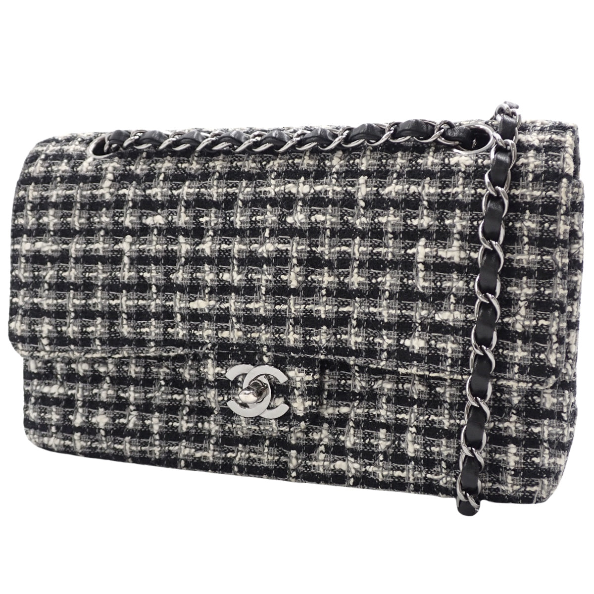 マトラッセ ココマーク Wフラップ チェーンショルダー ツイード ラムスキン ブラック ホワイト A01112