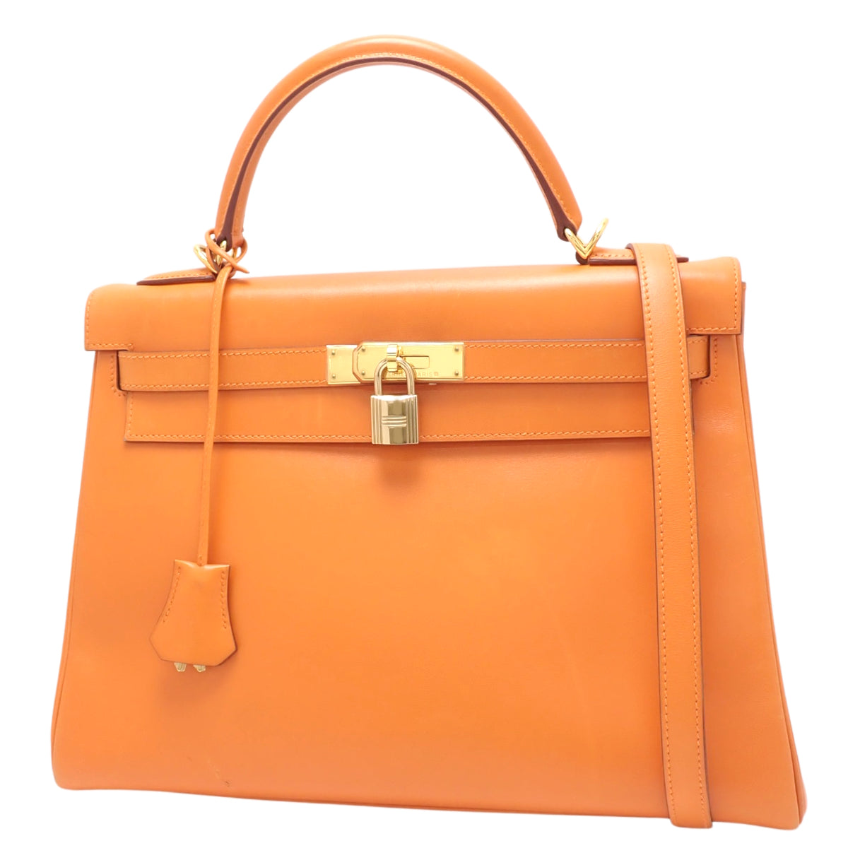 Kelly 32 (Outer Stitch) Box Calf Orange Gold Hardware F Stamp