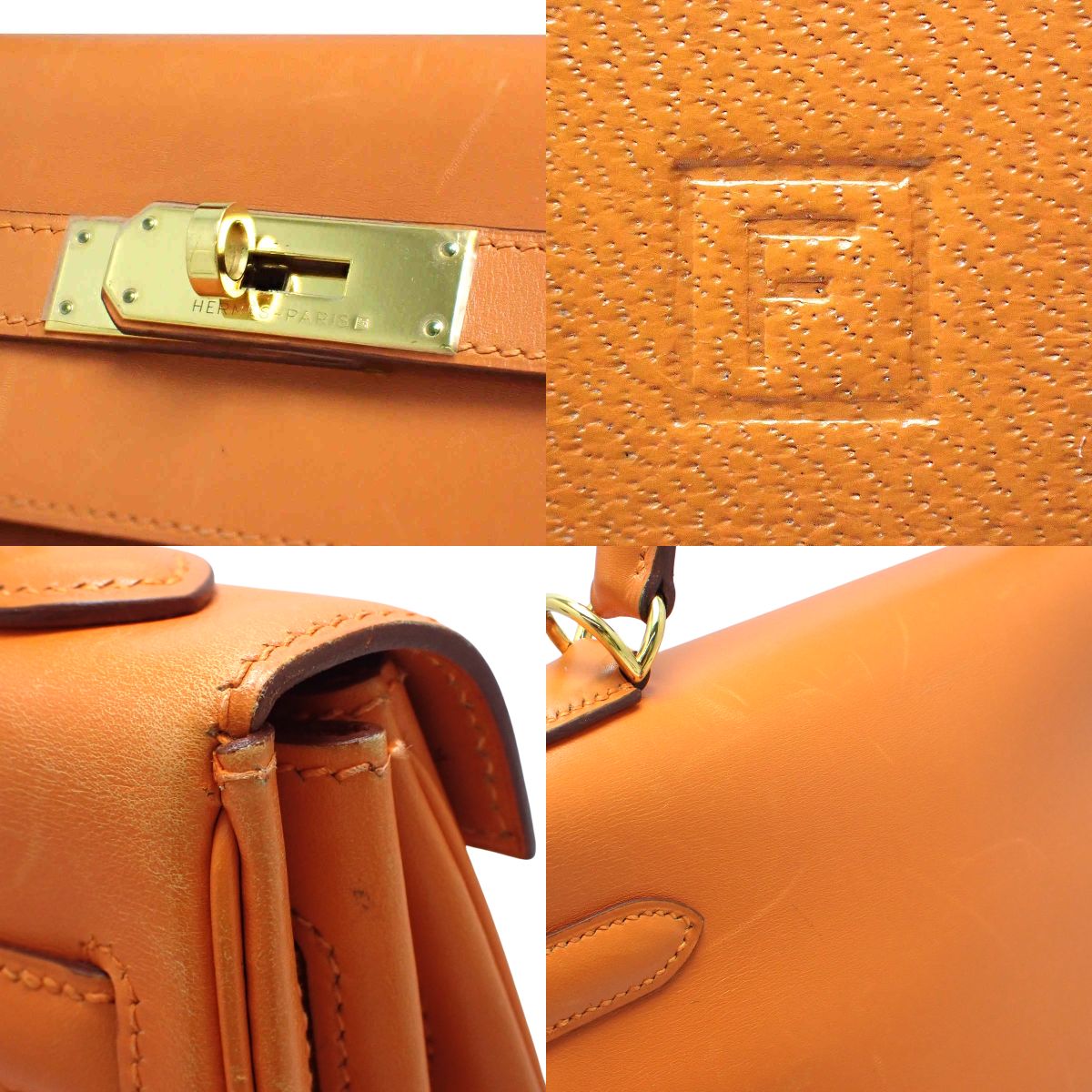 Kelly 32 (Outer Stitch) Box Calf Orange Gold Hardware F Stamp