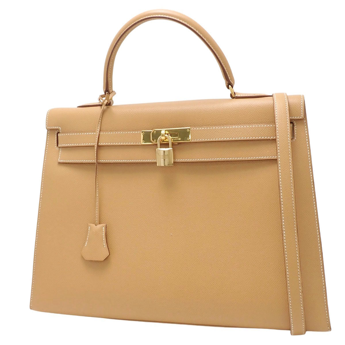 Kelly 35 (Outside Stitching) Cushvel Natural Gold Hardware ○X Stamp