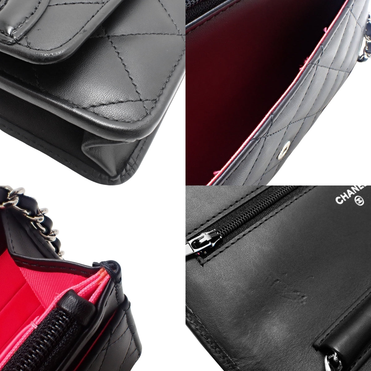 カンボンライン ココマーク チェーンウォレット レザー ブラック ピンク A46646