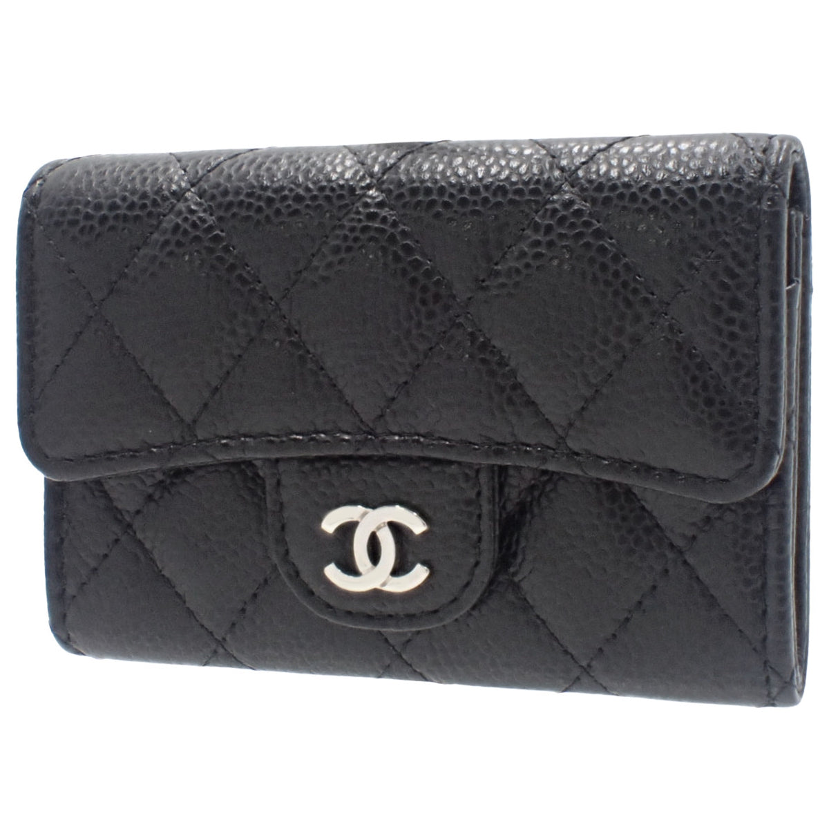 Matelasse Coco Mark 经典小翻盖卡包,黑色鱼子酱纹皮革