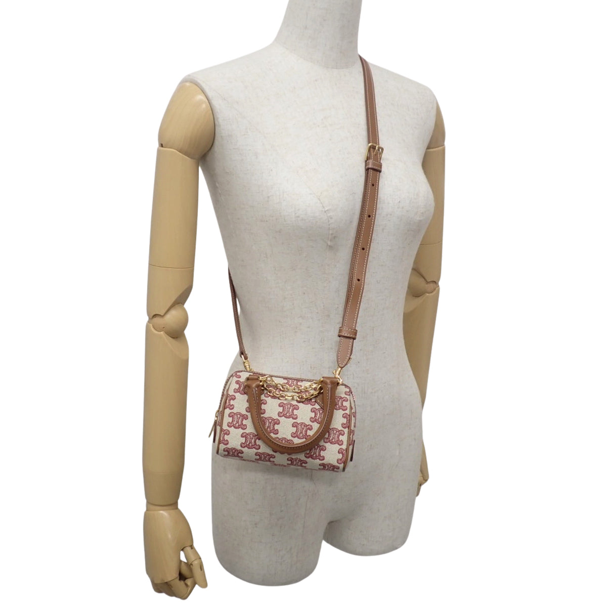 マカダム ミニボストンバッグ キャンバス レザー ベージュ ブラウン レッド 赤