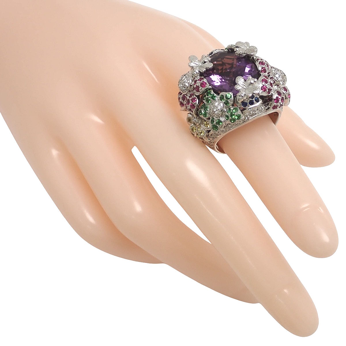 紫水晶钻石花朵图案戒指 AM7.65/D1.18 K18WG 25.8克