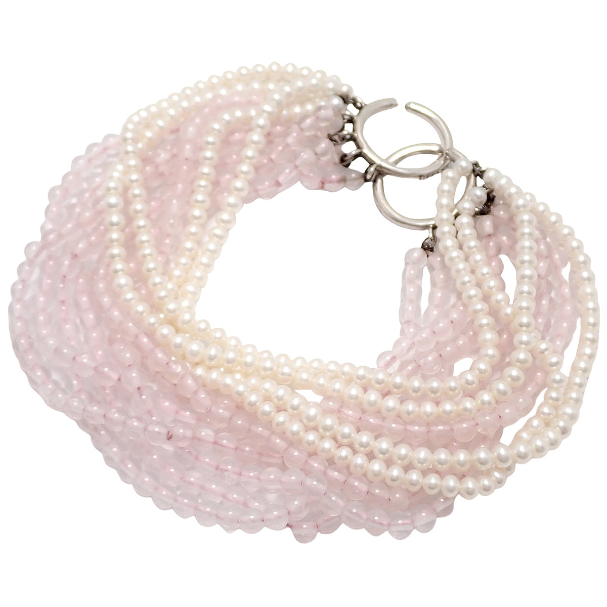 Torsade pearl and rose quartz bracelet in SV925 silver