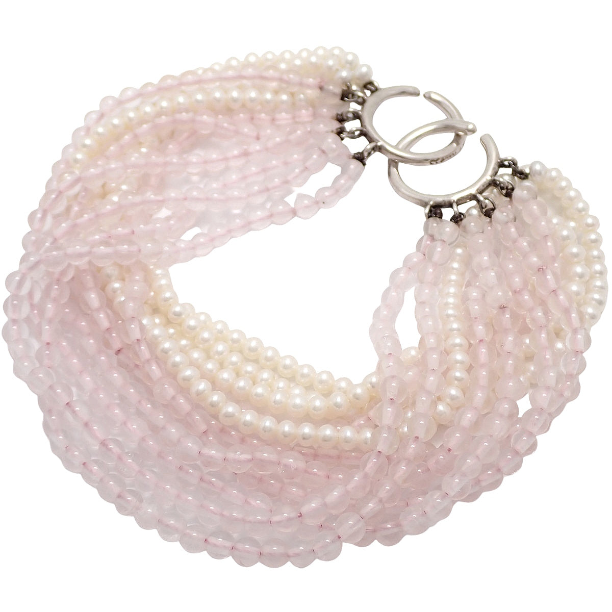 Torsade pearl and rose quartz bracelet in SV925 silver