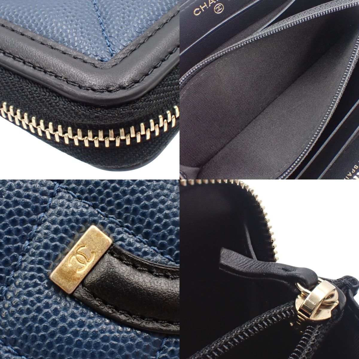 Matelasse CC Filigree 小号拉链钱包,鱼子酱纹皮革,海军蓝和黑色,A84446