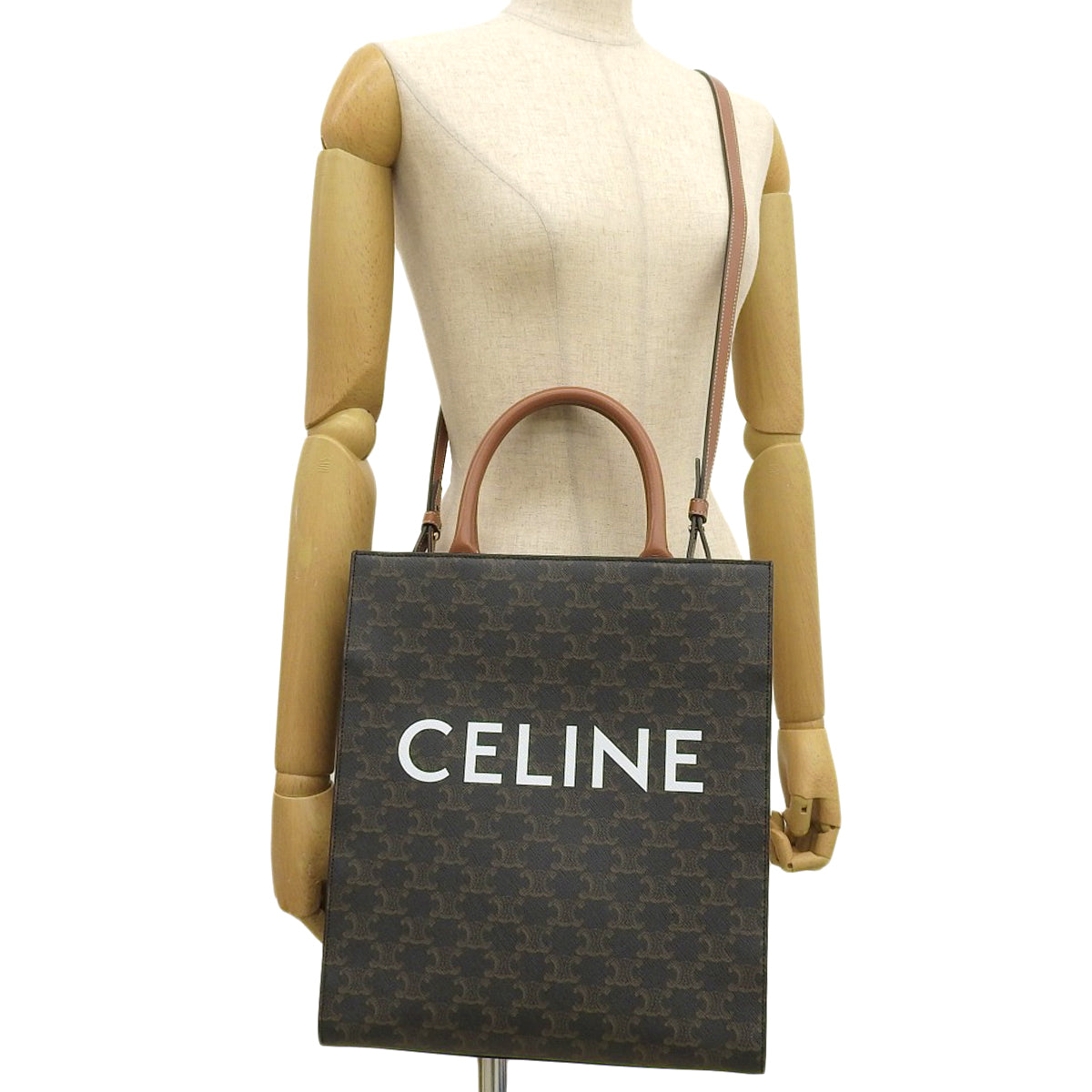 Small Vertical Cabas Calf Leather Triomphe Canvas Dark Brown 191542BZK