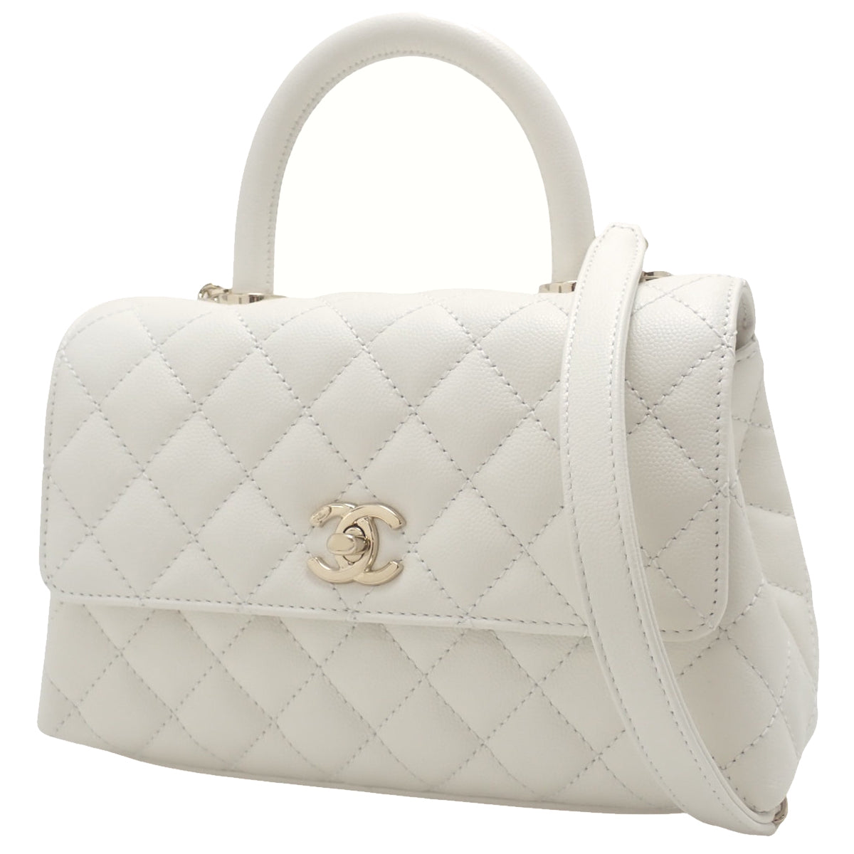 Matelasse Coco Handle 24 XS Chain Shoulder Bag in White Caviar Skin