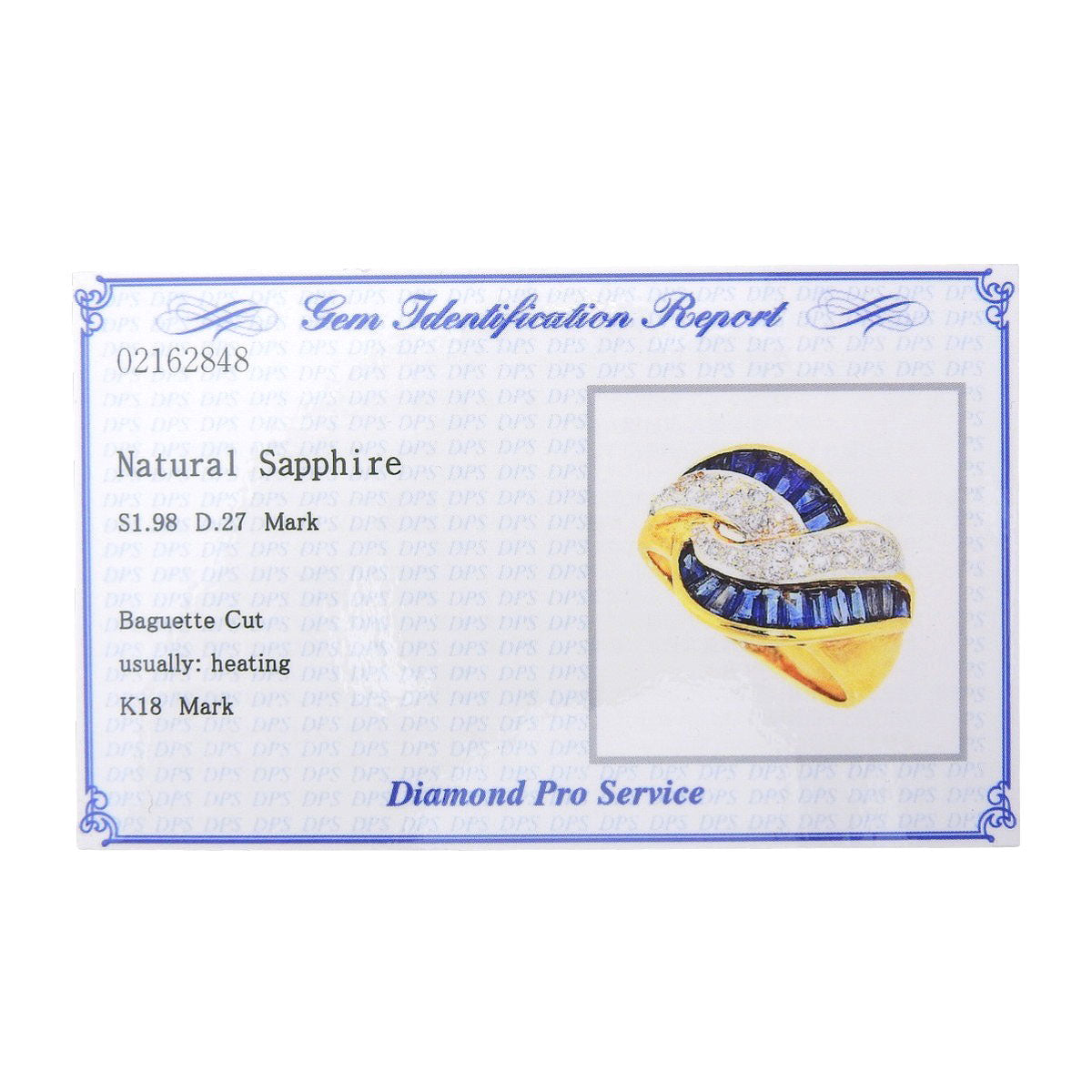 蓝宝石钻石戒指,尺寸 S1.98/D0.27,18K黄金,7.9克