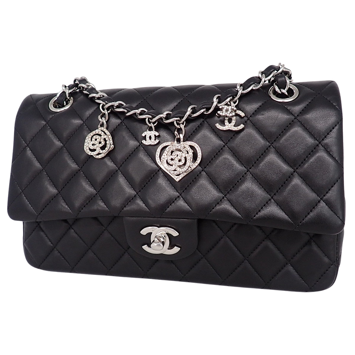 マトラッセ ココマーク シングルフラップ25 チェーンショルダーバッグ ラムスキン ブラック バレンタイン限定