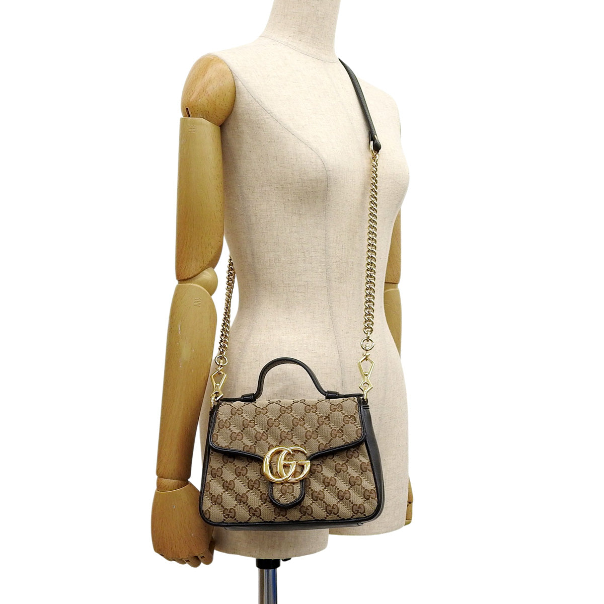 GG Marmont Mini Top Handle Bag in GG Canvas and Leather, Beige, Black, and Brown, 583571