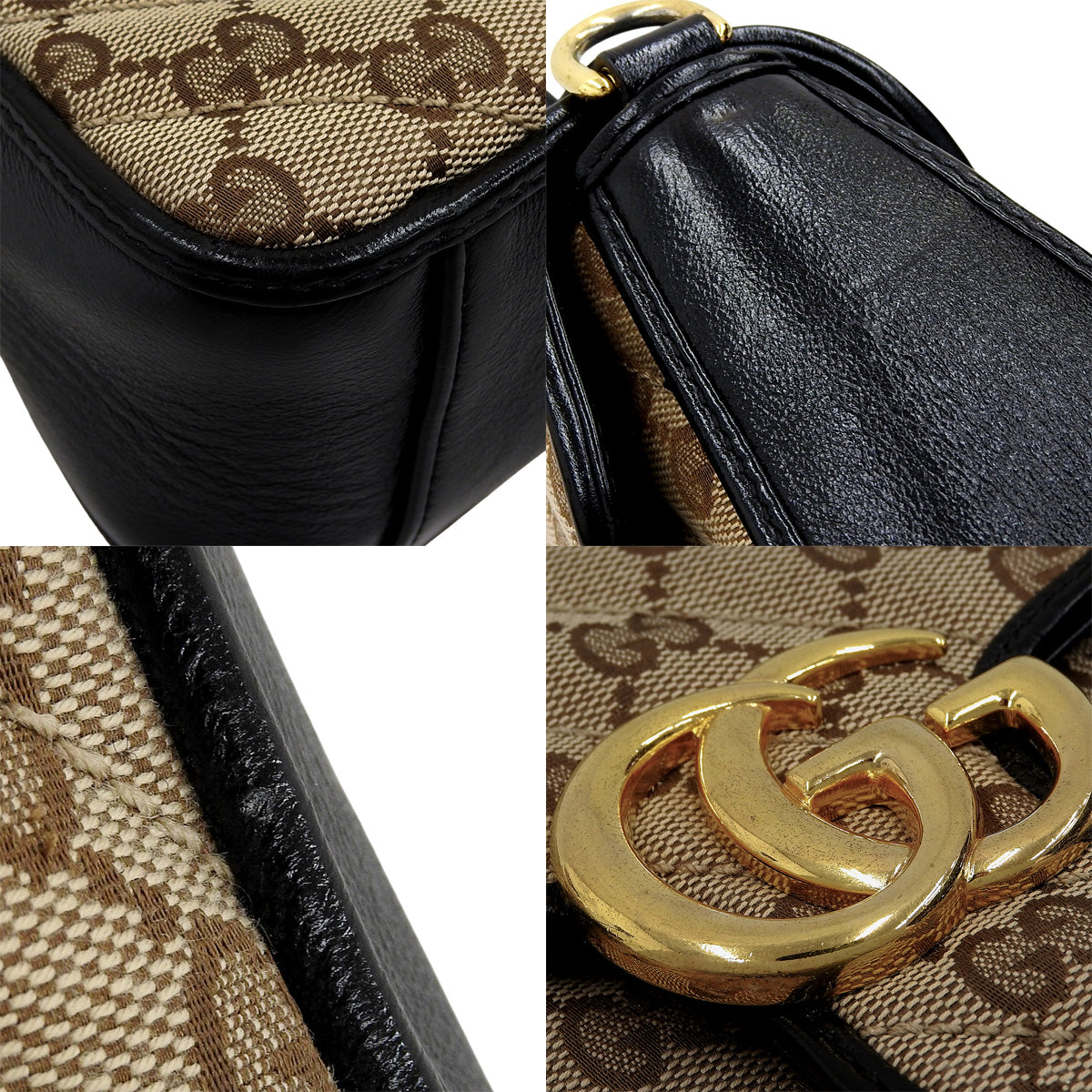 GG Marmont Mini Top Handle Bag in GG Canvas and Leather, Beige, Black, and Brown, 583571