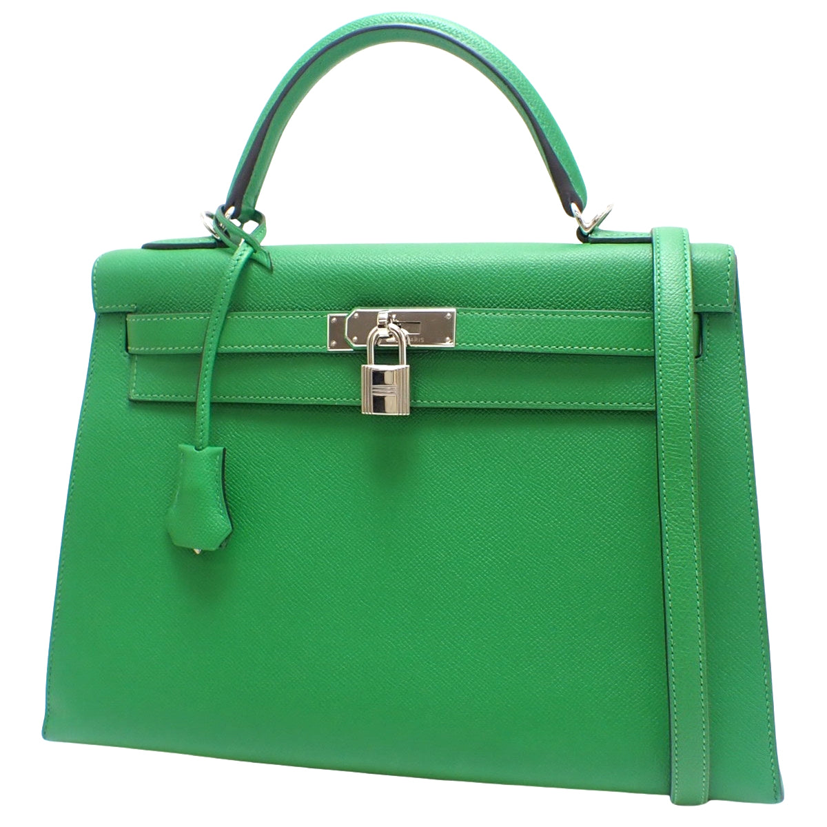 Kelly 32 (External Stitching) Epsom Leather, Palladium Hardware, Bamboo, Silver Hardware, R Stamp